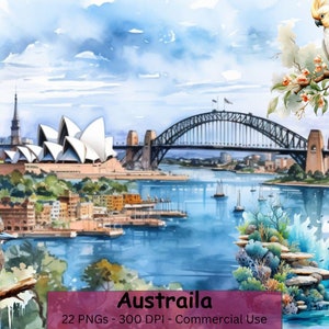 Australisches Natur Clipart PNG Bundle, Aquarell Landschaft Hintergrund, Reisehintergründe, Känguru, Emu, Koala, Wombat Clip Art Pack
