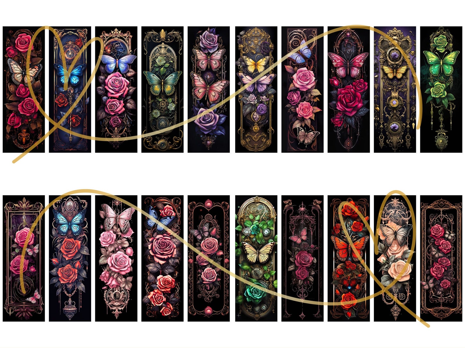 Butterfly Roses Printable Bookmarks: Fantasy Floral Set of 20 (PNG/JPG ...