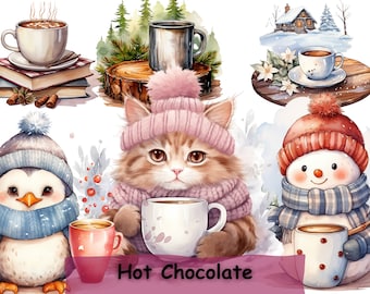 Watercolor Hot Chocolate Clipart: Winter Animals PNGs (Digital Download)