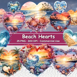 Paquete de imágenes prediseñadas de corazones junto al mar, conjunto de 25 PNG, olas del mar de acuarela, playa, océano, conchas, arena, vacaciones de verano, uso comercial