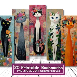 May include: Five whimsical cat bookmarks with floral accents. The cats are in various colors, including black, gray, white, and orange, each adorned with flower crowns and floral patterns. The bookmarks are rectangular and feature a variety of backgrounds.