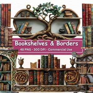May include: A set of 48 digital images of ornate bookshelves and borders, featuring intricate carvings and a variety of book designs. The images are 300 DPI and suitable for commercial use. Bookshelves & Borders 48 PNG - 300 DPI - Commercial Use