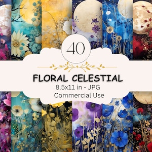 Floral Celestial Digital Paper Bundle, Fantasy Mond Blumen Set von 40, Junk Journal Seiten, Scrapbooking, Collage, kommerzielle Nutzung