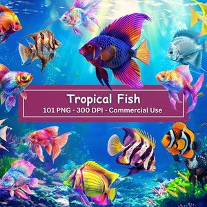 Bundle de cliparts poissons tropicaux, ensemble de 101 PNG, toile de fond océan, poisson coloré, océan sous-marin, clipart mer