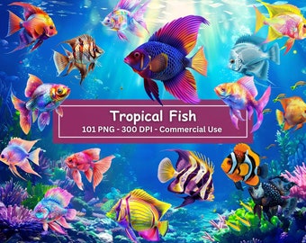 Colorful Tropical Fish Clipart: 101 PNG Set, Ocean Backgrounds (Digital Download)