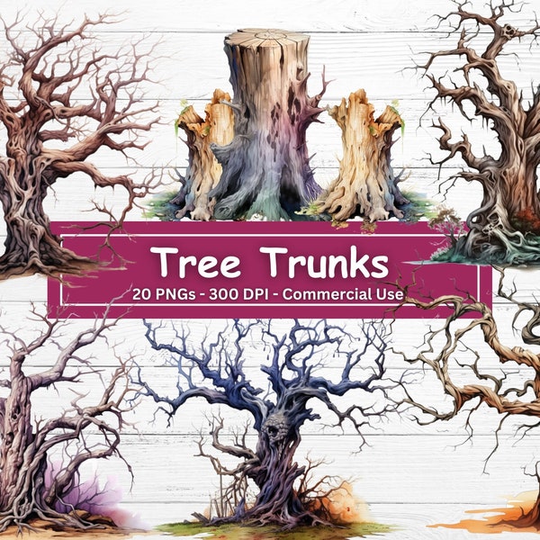 Watercolor Tree Trunk Clipart Bundle, Tree Stumps,  Dead Tree PNG, Instant Download, Digital Paper Craft, Commercial Use