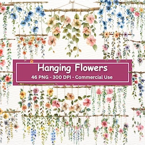 Aquarell Hängende Blumen Clipart Bundle, 46 PNG-Set, Botanische Kunst, Kartenherstellung, Journaling, Blumen, digitales Papierhandwerk
