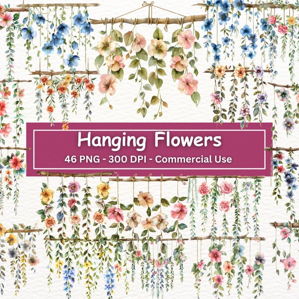 Watercolor Hanging Flowers Clipart Bundle, 46 PNG Set, Botanical Art, Card Making, Journaling, Flowers, Digital Paper Craft