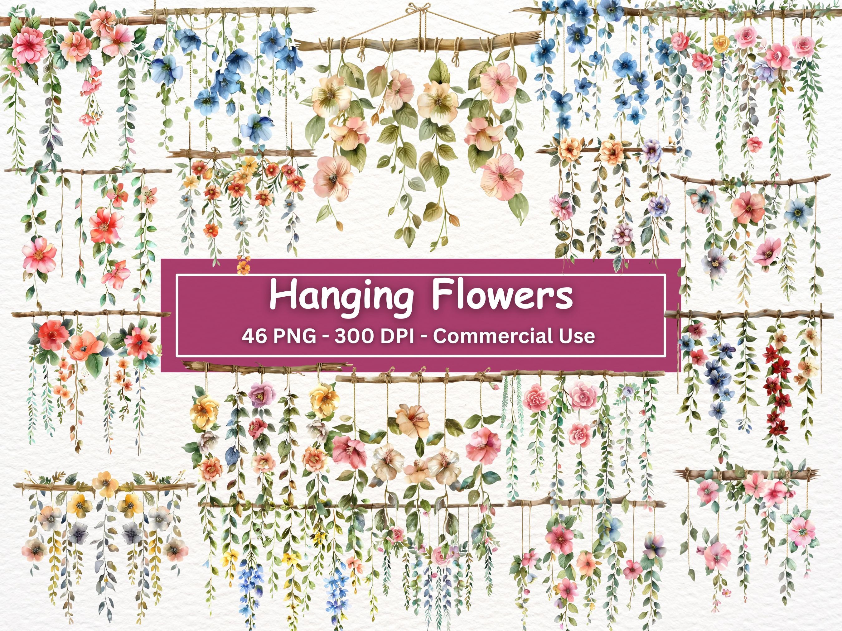 Watercolor Hanging Flowers Clipart: Botanical PNG Set (digital Download ...