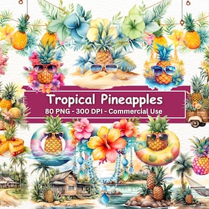 Pacote de clipart de abacaxi em aquarela, conjunto de 80 PNG, clipart de coco, frutas tropicais, abacaxi cítrico com óculos de sol, praia, areia, palmeiras