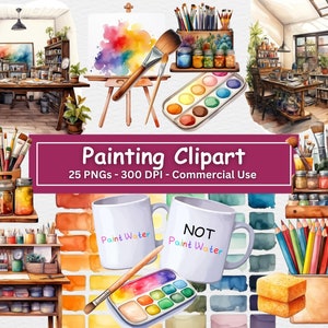 Aquarel kunstenaar schilderij clipart bundel, set van 25 PNG&#39;s, aquarel palet, schilderij hobby illustraties, penselen digitale download