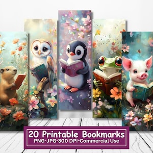 Bundle de marque-pages imprimables Animaux mignons avec livres, Pages découpées et imprimées JPG, Sublimation de 20 marque-pages PNG, Lecture d'animaux, Usage commercial