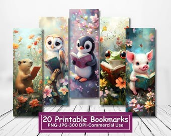 Cute Animals With Books Printable Bookmark Bundle, JPG Print And Cut Pages, 20 PNG Bookmark Sublimation, Reading Animals, Commercial Use