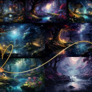 May include: A digital painting of a magical forest with glowing lights, a winding river, and lush greenery. The forest is illuminated by a full moon and stars.