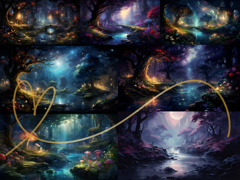 May include: A digital painting of a magical forest with glowing lights, a winding river, and lush greenery. The forest is illuminated by a full moon and stars.