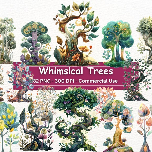 Whimsical Trees Clipart Bundle, 82 PNG Set, Children's Illustration Style, Card Making, Collage, Junk Journals, Digital Paper Craft