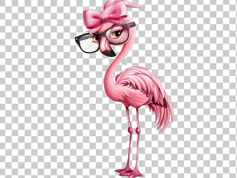 May include: A pink flamingo with a pink bow and black glasses. The flamingo is standing on one leg and has its head tilted to the side.