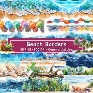 Aquarell Strand Border Bundle, 35 PNG Set, Ozean, Sand, Wellen, Meer, Treibholz, Palme, Pflanzen, Clipart, digitales Papiermodell, kommerzielle Nutzung