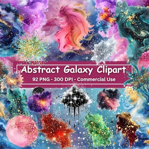 Bundle de cliparts galaxie abstraite, ensemble de 92 PNG, nébuleuses fantastiques colorées, trous noirs, étoiles, cadres, paillettes, éléments de collage