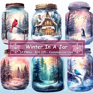Forêt d’hiver dans un paquet Mason Jar Clipart, ensemble de 17 PNG, arbres d’hiver fantastiques, oiseaux, hibou, artisanat découpé en papier, sublimation, utilisation commerciale