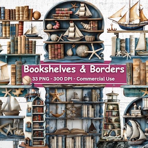 Maritimes Bordüren- und Regal-Bundle, 33 PNG-Set, sofortiger digitaler Download, Vintage-Bücher, Segelboote, Anker, Ozean, Leuchtturm, ClipArt