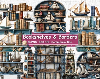 May include: A set of 33 digital images of blue and white bookshelves with nautical themes. The shelves are decorated with seashells, starfish, ships, and books. The images are 300 DPI and are for commercial use.