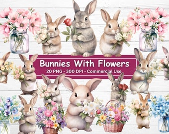Conjunto de imágenes prediseñadas de conejitos con flores, arte infantil de conejos (20 imágenes PNG) (descarga digital)