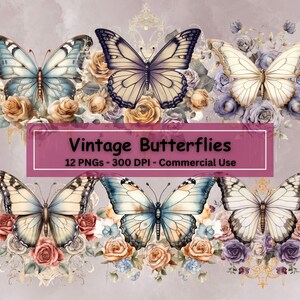 Paquete de imágenes prediseñadas de mariposa floral vintage, conjunto de 12 PNG, efímera de diario basura, collage, mariposas antiguas, artesanía de papel digital