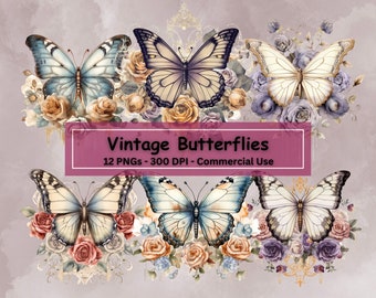 Vintage Butterfly Floral Clipart: Junk Journal PNG Set (Digital Download)