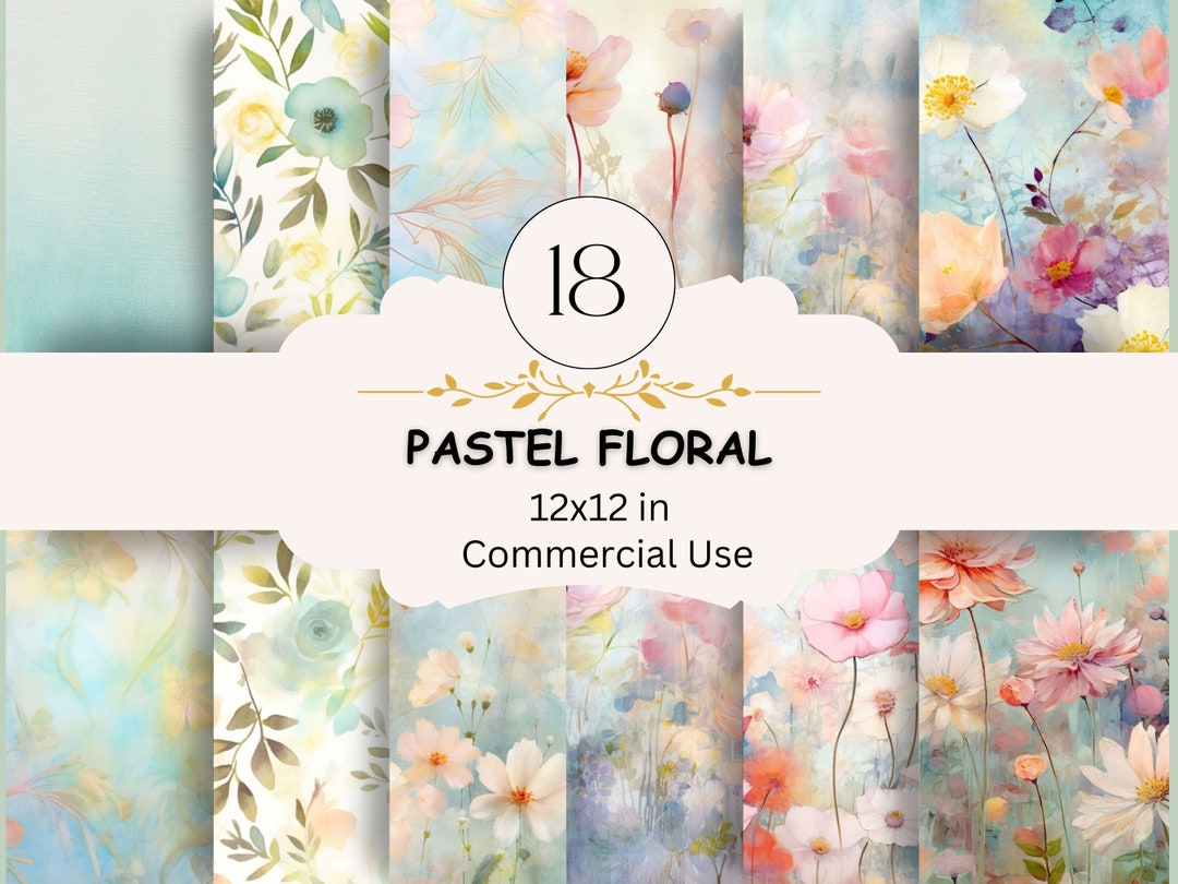 Watercolor Pastel Flowers Digital Paper Bundle, 18 JPEG Images, Floral Collage Paper Pack