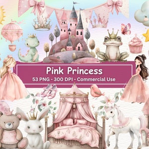 Roze prinses aquarel clip art bundel, 53 PNG set plus bonus, sprookjesachtige kinderkunst, kasteel, koets, ridder, kikker, commercieel gebruik
