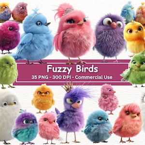 Lustiges Vögel Clipart-Bundle, PNG-Set mit 35 unscharfen humorvollen Cartoon-Vogelillustrationen, rosa Rotkehlchen, Huhn, Drossel, Vögel auf einem Ast
