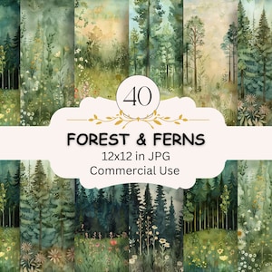 Papier numérique aquarelle forêt et fougères, jeu de 40 JPG, arrière-plans botaniques plantes et arbres, créations en papier, fabrication de cartes, téléchargement numérique