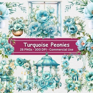 Pacchetto di clipart di peonie turchesi acquerello, set di 24 PNG, arte botanica, creazione di cartoline, diario, fiori di alzavola, uso commerciale