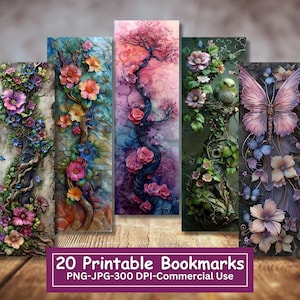 Fantasie Blumen mit 3D-Effekt Lesezeichen zum ausdrucken, 20er Set PNG / JPG, Sublimation, Cricut, Silhouette Print und Schnitt