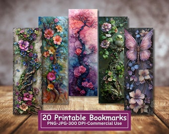 Fantasy Flowers With 3D Effect Printable Bookmarks Bundle, Trees, Set Of 20 PNG/JPG, Sublimation, Cricut, Silhouette Print And Cut