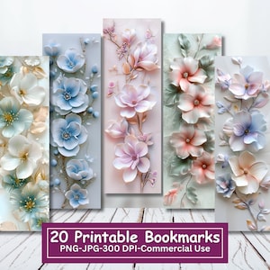 3D-Blumen druckbares Lesezeichen-Bundle, Set mit 20 PNG / JPG Lesezeichen-Designs, Sublimieren, Drucken und Schneiden, Pastellfrühling Floral