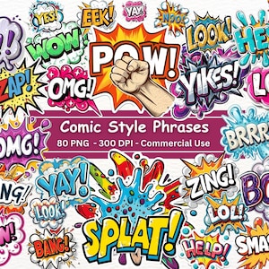 Comic Book Style Speech Bubble Phrases, 80 PNG Set, Retro, Pop Art Style, Junk Journal, Scrapbooking, Collage, Digital Download