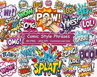 May include: A set of 80 comic book style speech bubbles with phrases like "POW!" "ZAP!" "OMG!" and "SPLAT!" in various colors and styles. The phrases are in a bold, cartoon font and are surrounded by a variety of graphic elements, such as stars, dots, and lines. The set is perfect for adding a fun and dynamic touch to any project.