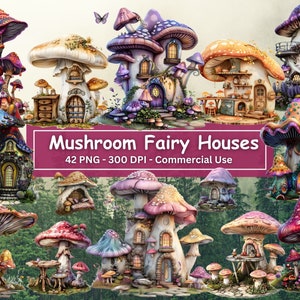 Lot de cliparts champignons maison de fée fantastique, 42 images PNG, champignons vénéneux, champignons enchantés, journaux indésirables, fabrication de cartes, créations numériques sur papier