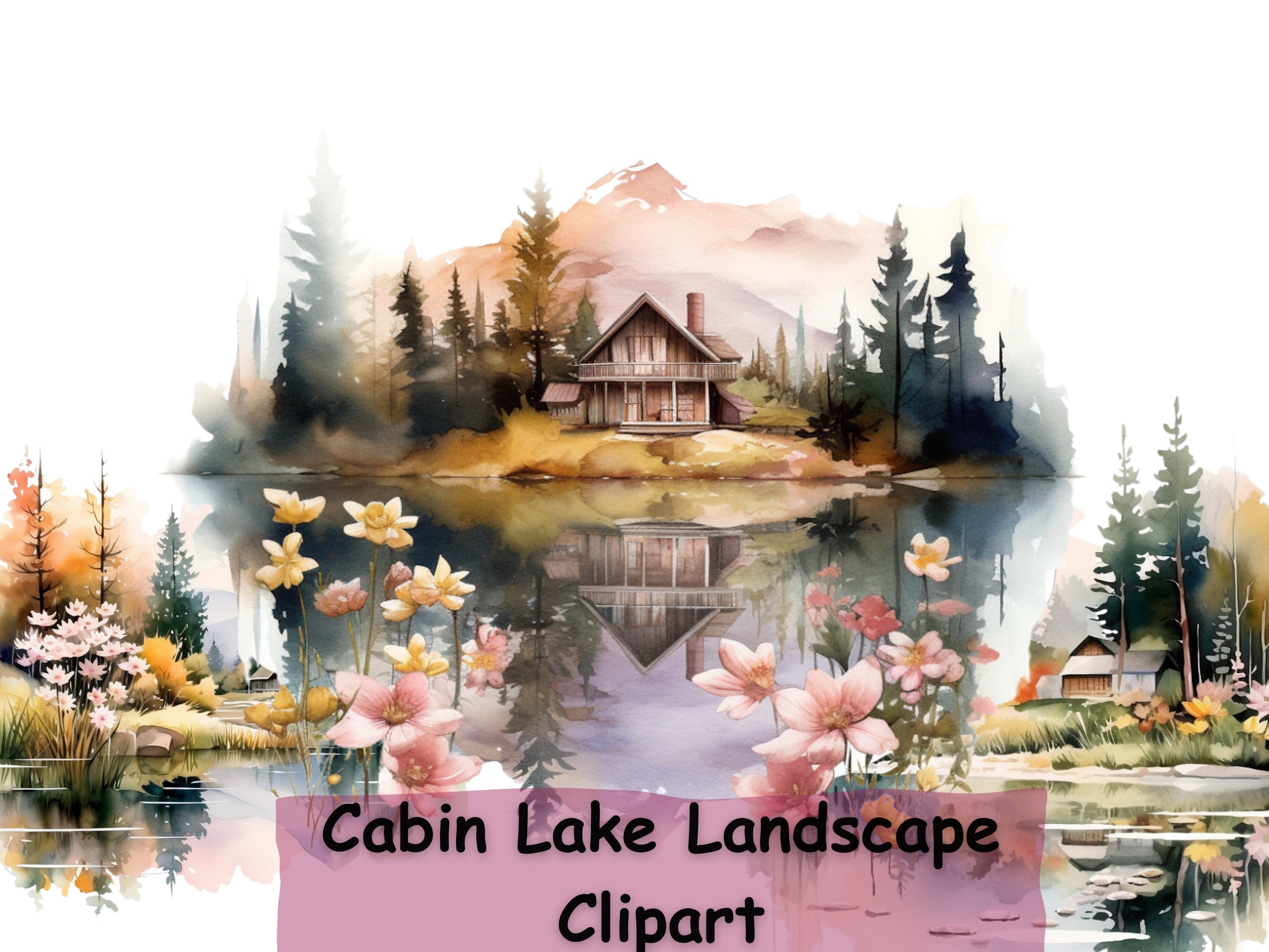 Cabin on Lake Clipart 10 Pngs Landscape Watercolor Art - Etsy