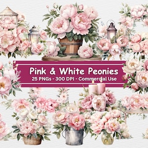 Pacote de clipart de peônias rosa e brancas em aquarela, conjunto de 24 PNG, arte botânica, criação de cartões, registro no diário, flores de peônia, uso comercial