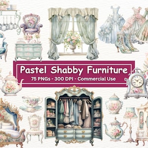 Pastel Shabby Furniture Clipart Bundle, Set Of 75 PNGs, Transparent Background,  Junk Journals, Ephemera, Digital Paper Craft,Commercial Use