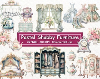 Pastel Shabby Chic Furniture Clipart: 75 PNG Images (Digital Download)