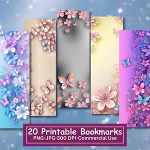 Weiche Blumen mit Schmetterlingen Lesezeichen Bundle, Set mit 20 PNG / JPG, Floral Sublimation, Cricut, Silhouette Print und Schnitt, kommerzielle Nutzung