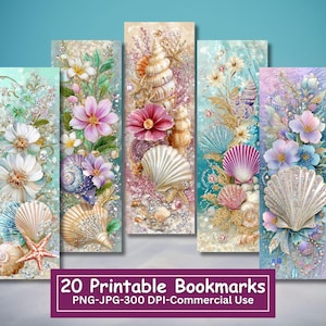 May include: A collection of 20 printable bookmarks featuring seashell and floral designs. Each bookmark showcases a unique arrangement of seashells, starfish, and flowers in pastel colors, with a shimmering, glittery effect. The text "20 Printable Bookmarks" is displayed at the bottom.