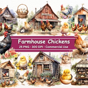 Paquete de imágenes prediseñadas de pollo de granja, sublimación PNG de pollo lindo, conjunto de 25, vida de granja, pollito de pollo rústico, gallina, gallo, huevos, uso comercial