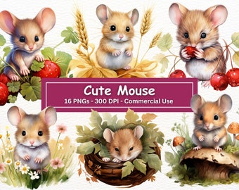 Mouse Watercolor Clipart, Nursery Art PNG Images (Digital Download) Commercial Use