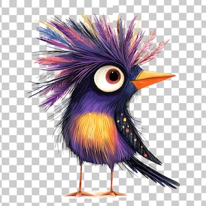 Peut inclure: Un oiseau de dessin anim&eacute; fantaisiste avec un corps &agrave; plumes violet, noir et jaune. L'oiseau a un grand &oelig;il rond et un bec orange vif. Les plumes de l'oiseau sont &eacute;bouriff&eacute;es et semblent &ecirc;tre faites d'un mat&eacute;riau doux et moelleux.