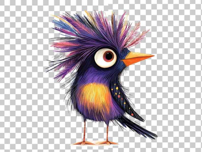 Peut inclure: Un oiseau de dessin anim&eacute; fantaisiste avec un corps &agrave; plumes violet, noir et jaune. L'oiseau a un grand &oelig;il rond et un bec orange vif. Les plumes de l'oiseau sont &eacute;bouriff&eacute;es et semblent &ecirc;tre faites d'un mat&eacute;riau doux et moelleux.